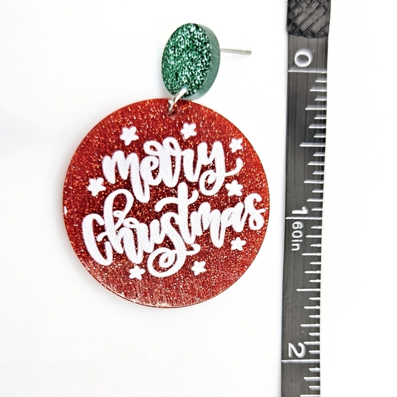 Merry Christmas Shimmer Red Earrings New - Picture 3 of 3